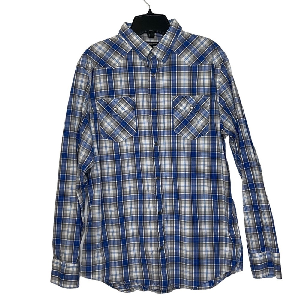 Banana Republic Slim Fit Blue Plaid Pearl Snap Western Casual Dress Shir…
